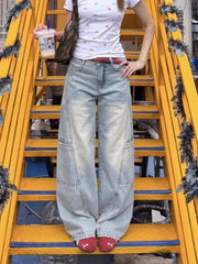 Cyflymder American High Street Women's Blue Wide Leg Jeans Fall Fashion High Waist Loose Fit Slimming Patchwork Flared Floor Length Pants