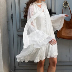 Cyflymder New French Simple Jacquard V-neck Long-sleeved Ruffle Edge Dress for Women