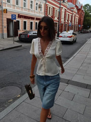 Cyflymder Lace Patchwork Short Sleeve Tops for Women V Neck Sheath Solid Tees Fashion Female Sexy Club T-shirts Elegant Casual