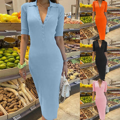 Cyflymder Ribbed Knitted Maxi Dress For Women Half Sleeve V Neck Button Down Shirt Dress Solid Color Bodycon Elegant Long Dresses платье