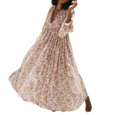 Cyflymder Women Boho Floral Maxi Dress Ladies Fashion Puff Sleeve Flowy Long Dress V Neck Loose Fit Shirt Dress Bohemian Tiered Sundress