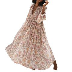 Cyflymder Women Boho Floral Maxi Dress Ladies Fashion Puff Sleeve Flowy Long Dress V Neck Loose Fit Shirt Dress Bohemian Tiered Sundress