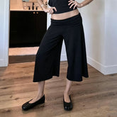 Cyflymder Women's Casual Solid Folds Waist Loose Half Pants Summer Elegant Elastic Rise Soft Knitted Flared Knee-Length Trousers Chic