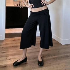 Cyflymder Women's Casual Solid Folds Waist Loose Half Pants Summer Elegant Elastic Rise Soft Knitted Flared Knee-Length Trousers Chic
