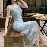 Cyflymder Sweet Style, Off-shoulder Strap, One-shoulder Top, Plaid Skirt, Women's Korean Casual Summer Suit