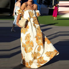 Cyflymder Women Elegant Patterns Print Loose Party Dress Fashion Hight Waist Suspender Dress Sexy Off Shoulder Short Sleeve Vacation Dress