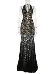 Cyflymder Holiday Hollow Out Lace Trumpet Dress Beach Style Backless Deep V-Neck Sleeveless Maxi Dresses For Women 2025 Summer