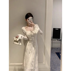 Cyflymder BowJacquard Square Collar Flare Sleeve Dress Women's Autumn/Winter Waist-Fitted Slimming New Chinese Style Soft Long Dress