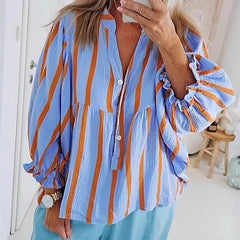 Cyflymder Streetwear Fashion Striped Print Women Blouses 2025 Spring V Neck Button Top Pullover Autumn Puff Long Sleeve Loose Shirt Blusas