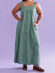 Cyflymder Women s Sleeveless Plaid Maxi Dress with Square Neckline and Wide Shoulder Straps for Summer Beach Vacation
