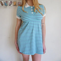 Cyflymder Women Y2K Striped Mini Pol o Dress Short Sleeve Teal Grey Stripe Peter Pan Collar Nurse Style Retro Fairycore Dress Summer
