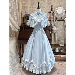 Cyflymder Pink Japanese Sweet Elegant Lolita Long Dress Women Kawaii Bow Stand Collar Slim Bandage Lace Dresses Retro Evening Party Dress