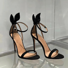 Cyflymder Summer Women Sexy Bunny Ear Sandals, Black Bow Summer New Open Toe Sexy Line Belt Party Heels, Women's Shoes