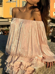 Cyflymder Women's Elegant Off Shoulder Long Sleeve Dress Fashion Temperament Hight Waist Short Dress Casual Draped Solid Ruffle Mini Dress