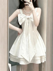 Cyflymder Japanese Sweet White Bowknot Sleeveless Sling Women New Lovely Fashion Slim Dresses Aesthetic Spring Kawaii Fairy Clothing