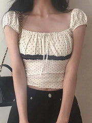 Cyflymder Casual Dot Printed T Shirt French Style Slim Bandage Lace Trim Short Sleeve Tees Women 2025 Summer Fashion Streetwear