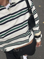 Cyflymder Loose Fits Casual Street Sle T-irt Collar Contrast Color Versatile Lazy Sli Top American Retro Striped