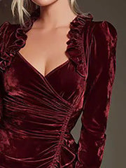 Cyflymder Elegant Ruffle Ruched Cocktail Party Dress For Women Claret Long Sleeve Sexy Square Collar High Waist Slim Fit Club Mini Dresses