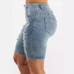 Cyflymder Fashion Slim Sexy Hip Lift Denim Shorts Women Three Buttons Splice High Waist Three Quarter Pants Female Broken Holes Mini Jeans
