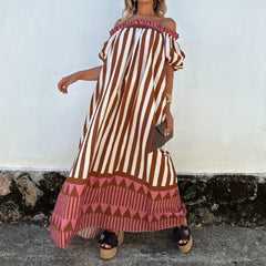Cyflymder Casual Striped Print Backless Travel Vacation Dress Trendy Bubble Sleeve Loose Dress Elegant One Neck Off Shoulder A-List Dress