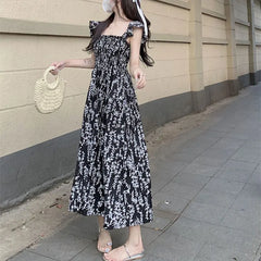 Cyflymder Broken Flowers Flying Sleeve Dresses Women's Clothing Vintage Printed Summer French Style Square Collar Stylish Folds Long Dress