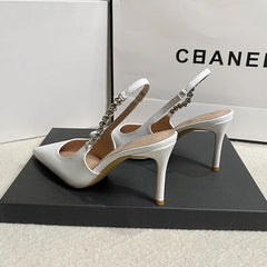 Cyflymder 8cm Ultra High Heels Diamond Shoes Woman Stiletto Pumps Solid Leather Sandals OL Ladies Office Slingback Tacones Mujer Escarpins