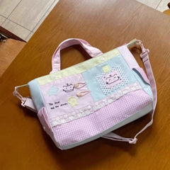 Cyflymder All Match Kawaii Cat Embroidery Crossbody Bag Fashion Y2k Chic Canvas Bags Contrast Color Plaid Patchwork Lace Shoulder Handbags