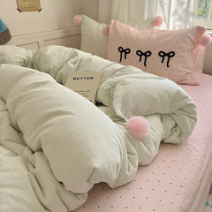 Cyflymder 3/4Pcs Korean Princess Style Soft Washed Cotton Bow Lattice Pompom Bedding Set Single Queen Duvet Cover Bed Sheet Pillowcases