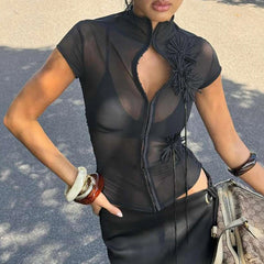 Cyflymder Vintage Sexy Single Breasted 3D Flower See-through Half High Collar Short-sleeved T Shirt Party Street Casual Slim Fit Tops