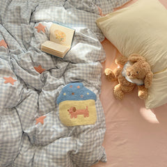 Cyflymder New Student Season Duvet Cover Towel Embroidered Soft 4-piece Set Naked Sleep Wash Cotton Solid Color Checker Bedding
