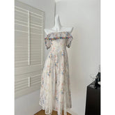 Cyflymder Vintage Slash Neck Midi Dress Women Elegant Vacation Floral Lace Dresses Summer Korean Party Ruffles Patchwork Bodycon Vestidos