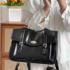 Cyflymder Preppy Flap Messenger Bag For Girls Class Schoolbag Oil Wax Leather Tote Briefcase Crossbody Commute Minimalist Backpack Black