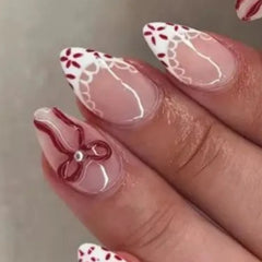 Cyflymder 24Pcs Pink Bowknots Simple Press on Nails Sweet Cool Cat's Eye False Nails French Style Almond Ballet Fake Nail Tips Detachable