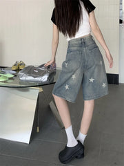 Cyflymder Women's Retro Style Star Print Denim Shorts Summer Quarter Bottoms Wide Leg Capris Female High Waist Straight Kenn-length Jeans