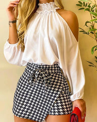Cyflymder Women Frill Hem Shirred Neck Cold Shoulder Top & Houndstooth Wrap Tie Front Shorts Set Autumn Sexy Bodycon Skirts Two Piece Suit