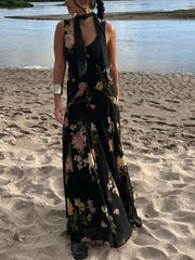 Cyflymder Women's Summer V-Neck Sleeveless Midi Dress Female Sexy Printed Pleated Decoration Sling Waist Evening Party Dress