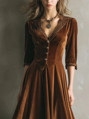 Cyflymder Women's Vintage Velvet Midi Dress Elegant Deep V Neck Half Sleeve Lace Trim Button Front A Line Dress Fashion Casual Retro Dress