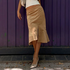Cyflymder Vintage Embroidered Mermaid Midi Skirt Women High Waist Ruffle Hem Khaki Long Skirt Chic Asymmetrical Streetwear Skirts