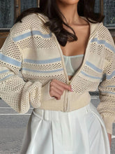 Cyflymder Ladies Striped Knit Cardigan with Zipper Closure and Hollow Details Fashionable Turn Down Collar Long Sleeve Sweater Coat
