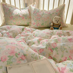 Cyflymder New A-Class Hollow Lace Bedding Set Fitted Sheet Quilt Cover Pillowcase for Spring Summer Korean Skin Friendly Cozy Bedclothes