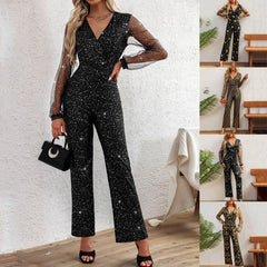 Cyflymder Elegant Romper For Women Fashion Slim Fit Silver Sequins Bodysuit Evening Party Long Jumpsuits Women's New Busniess Jumpsuit