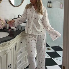Cyflymder Cute Lounge Set Cherry Print Long Sleeve Button Down Blouse Tops Elastic Waist Pants 2 Piece Pajama Set Autumn Comfy Sleepwear