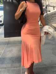 Cyflymder Maxi Dress For Women Sultry Boat Neck Sleeveless Ruched Waist Slim Fit Flared Hem Long Skirt Lady's Casual Daily Bodycon Frock