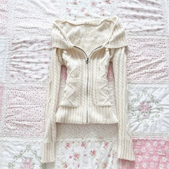 Cyflymder Knitted White Wool Sweater Gothic Sweet Girl Punk Big Lapel Y2K Women's Zipper High Street Sweater Retro Streetwear Top Chic