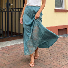 Cyflymder Sexy Women's Long Skirt Fashion Female Casual Lace Patchwork Solid Color Stylish Mid Rise Skirt for Spring and Summer