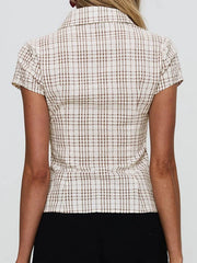 Y2K Plaid Blouse Women's Summer French Style Button-up Turn-down Collar Shirt Vintage Streetwear Chic Elegant Tops