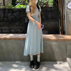 Cyflymder French Style Puff Sleeve Broken Flowers Dresses Summer Sweet V-Neck Women's Clothing Backless A-Line Fashion Split Long Dress