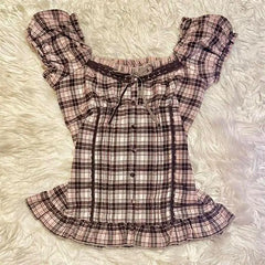 Cyflymder Harajuku Literary O Neck Short Sleeve T Shirt Y2k Fashion Constrast Color Plaid Slim Thin Women Tops Single Breasted Punk Blouse