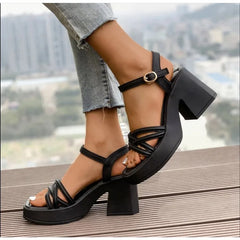Cyflymder Thick Heel Sandals for Women Shoes Summer Outside 2025 New Ankle Buckle Waterproof Platform Cross Strap High Heels Black White