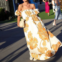 Cyflymder Women Elegant Patterns Print Loose Party Dress Fashion Hight Waist Suspender Dress Sexy Off Shoulder Short Sleeve Vacation Dress